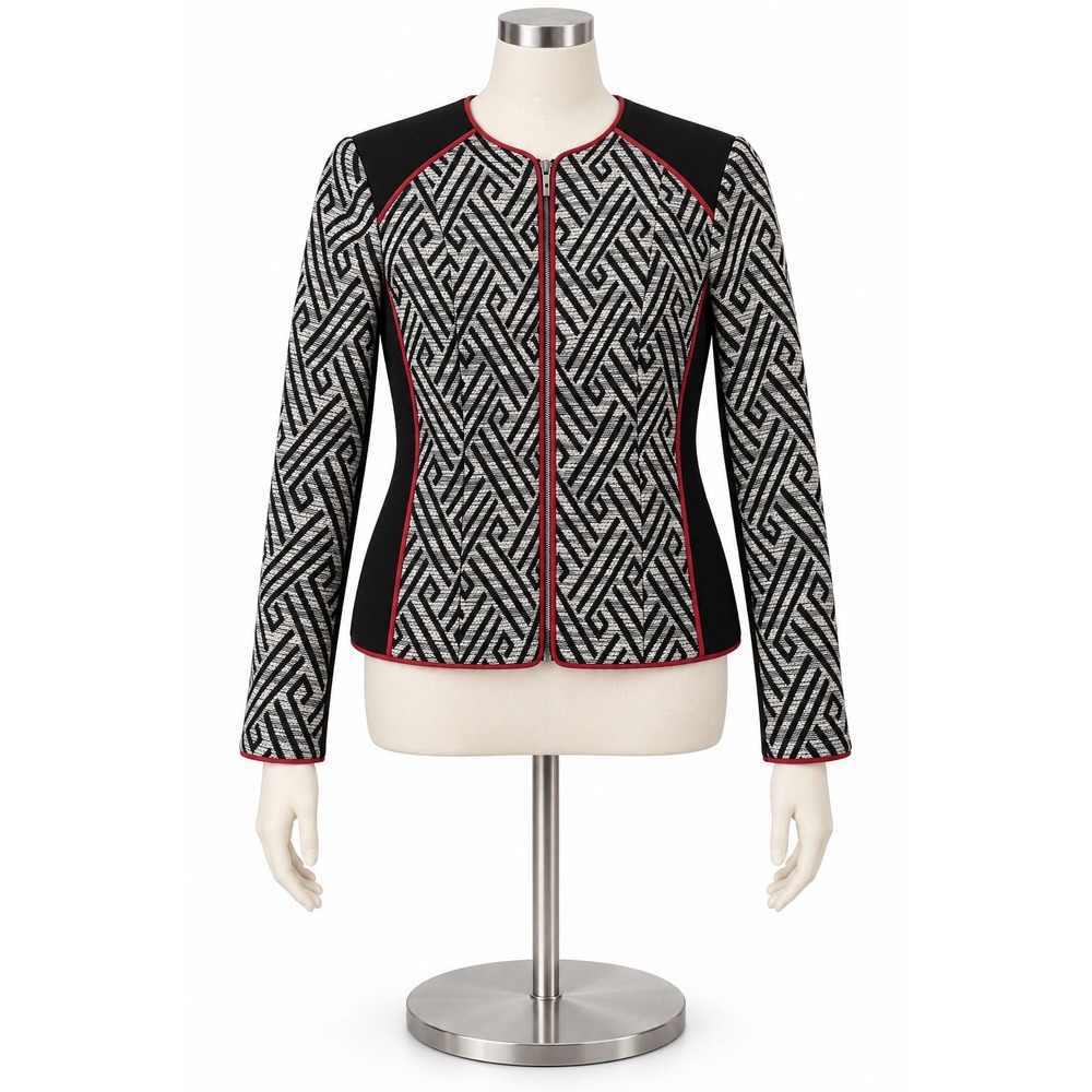 HM Black White Geometric Maze Print Zip Jacket Red Piping Size 6 Blazer